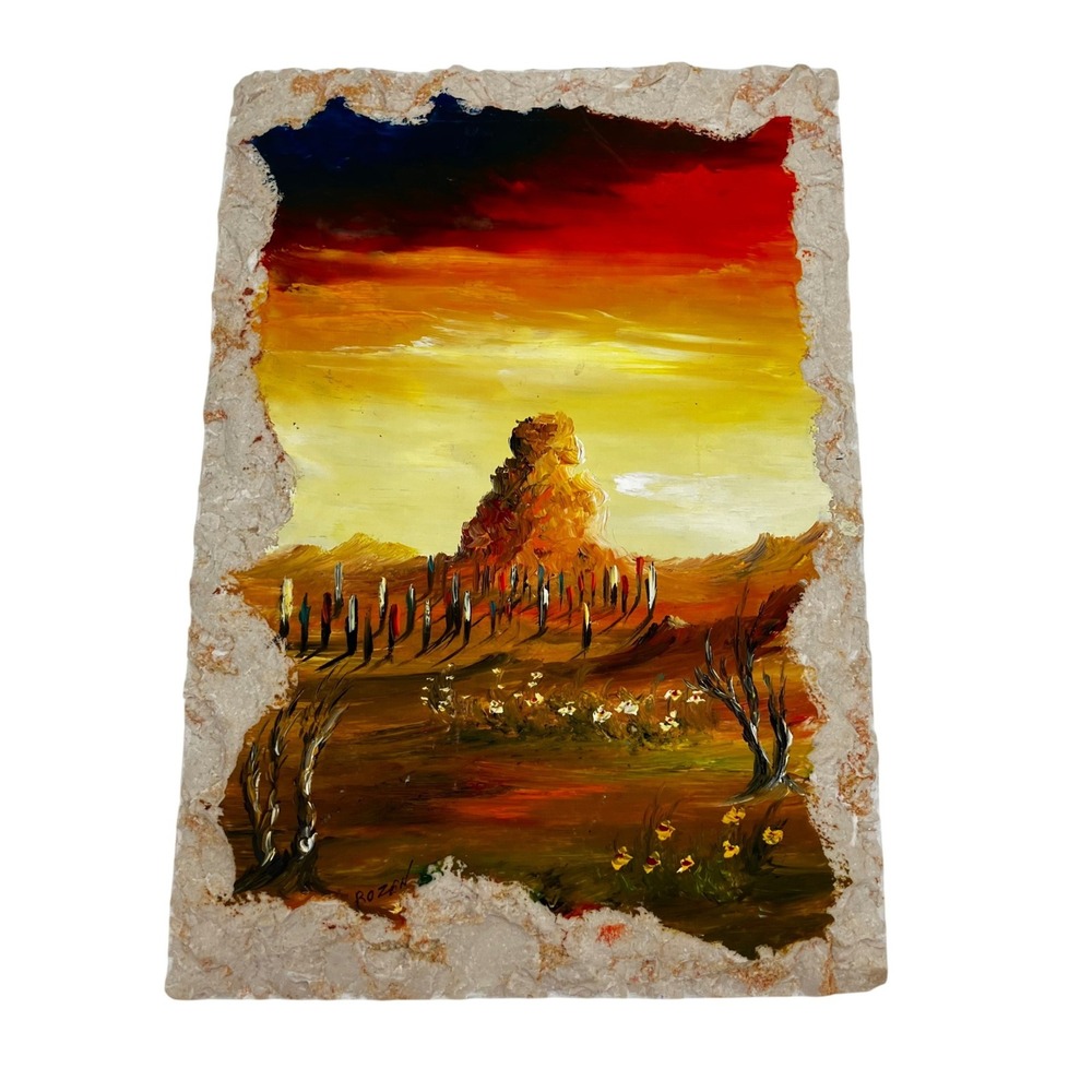 Rozen Oil Painting Vintage Marble Slab 8" x 5.25" Desert Sunset Landscape Signed